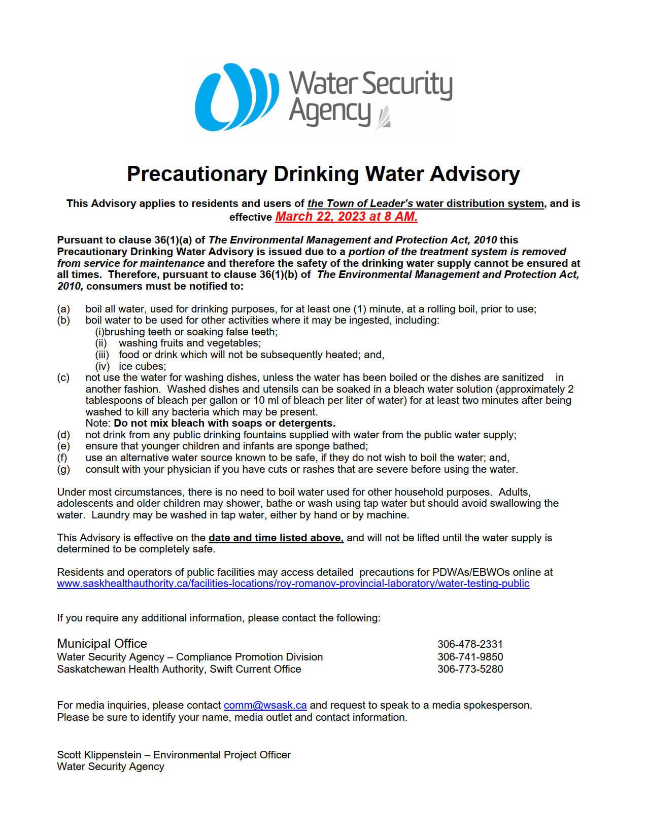 Drinking Water Advisories Town of Leader